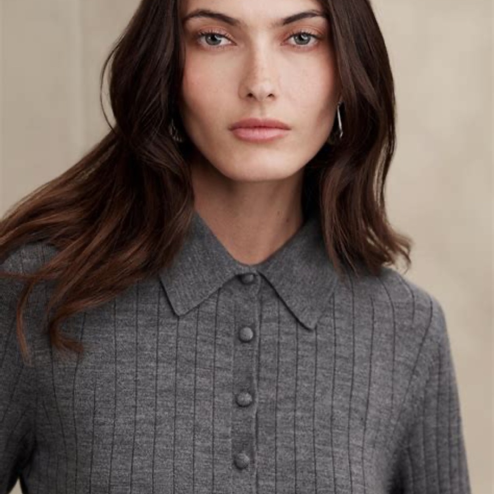 NWOT 100% Merino Wool Nezha Black Sweater Polo w/covered buttons  Banana R Sz XS - Picture 2 of 10
